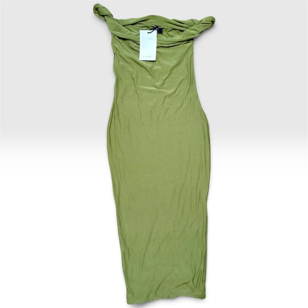 Club L London Salome Olive Twisted Asymmetric Midi Dress